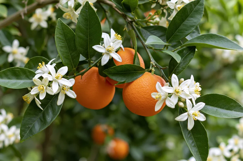 Orange tree branch with ripe oranges and white blossoms among green leaves