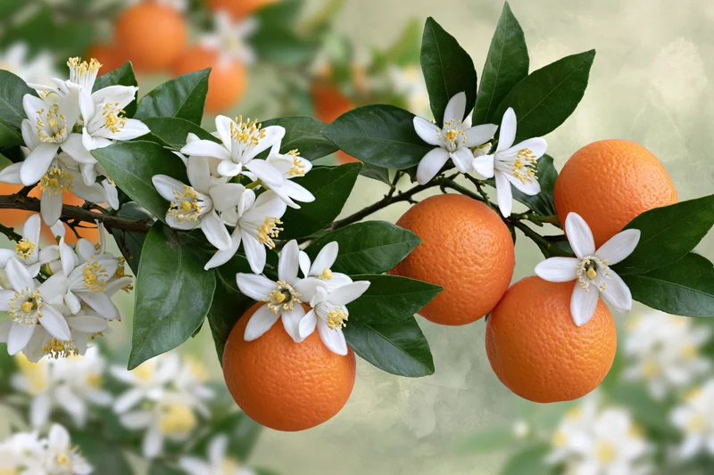 Orange tree branch with ripe oranges and white blossoms among green leaves