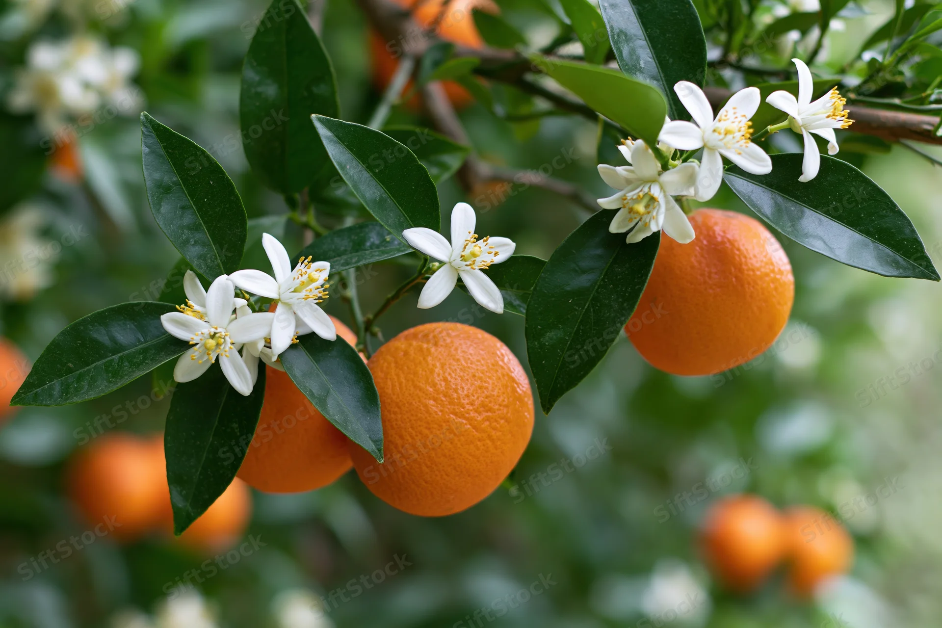 Orange tree branch with ripe oranges and white blossoms among green leaves
