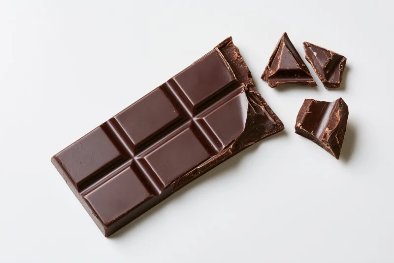 Partially broken dark chocolate bar with pieces lying flat on white surface