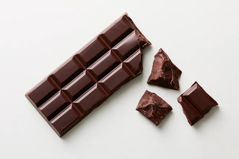 Partially broken dark chocolate bar with pieces lying flat on white surface