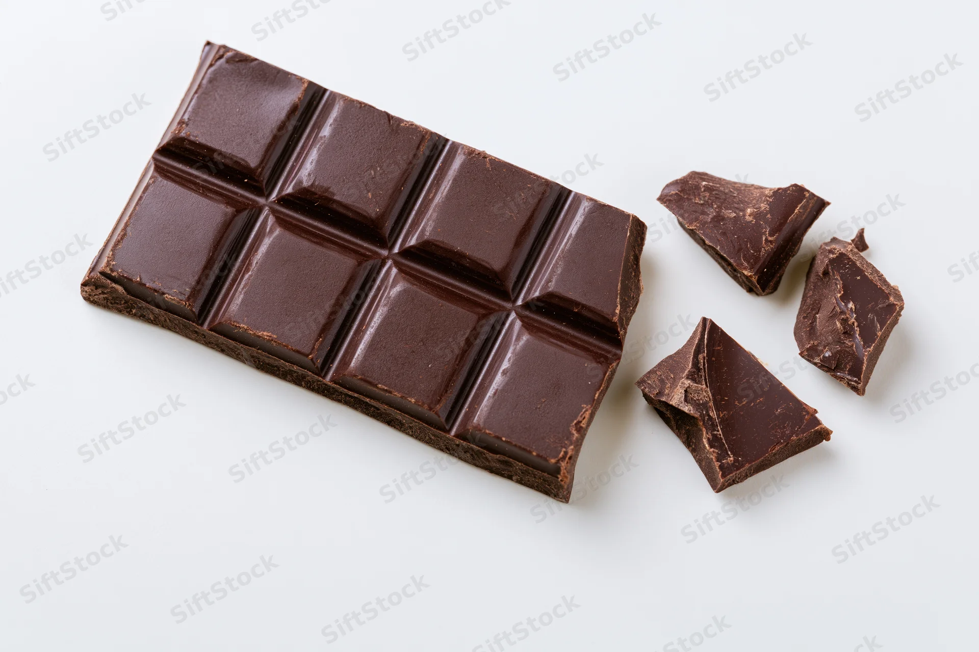 Dark chocolate bar with broken pieces lying flat on white surface