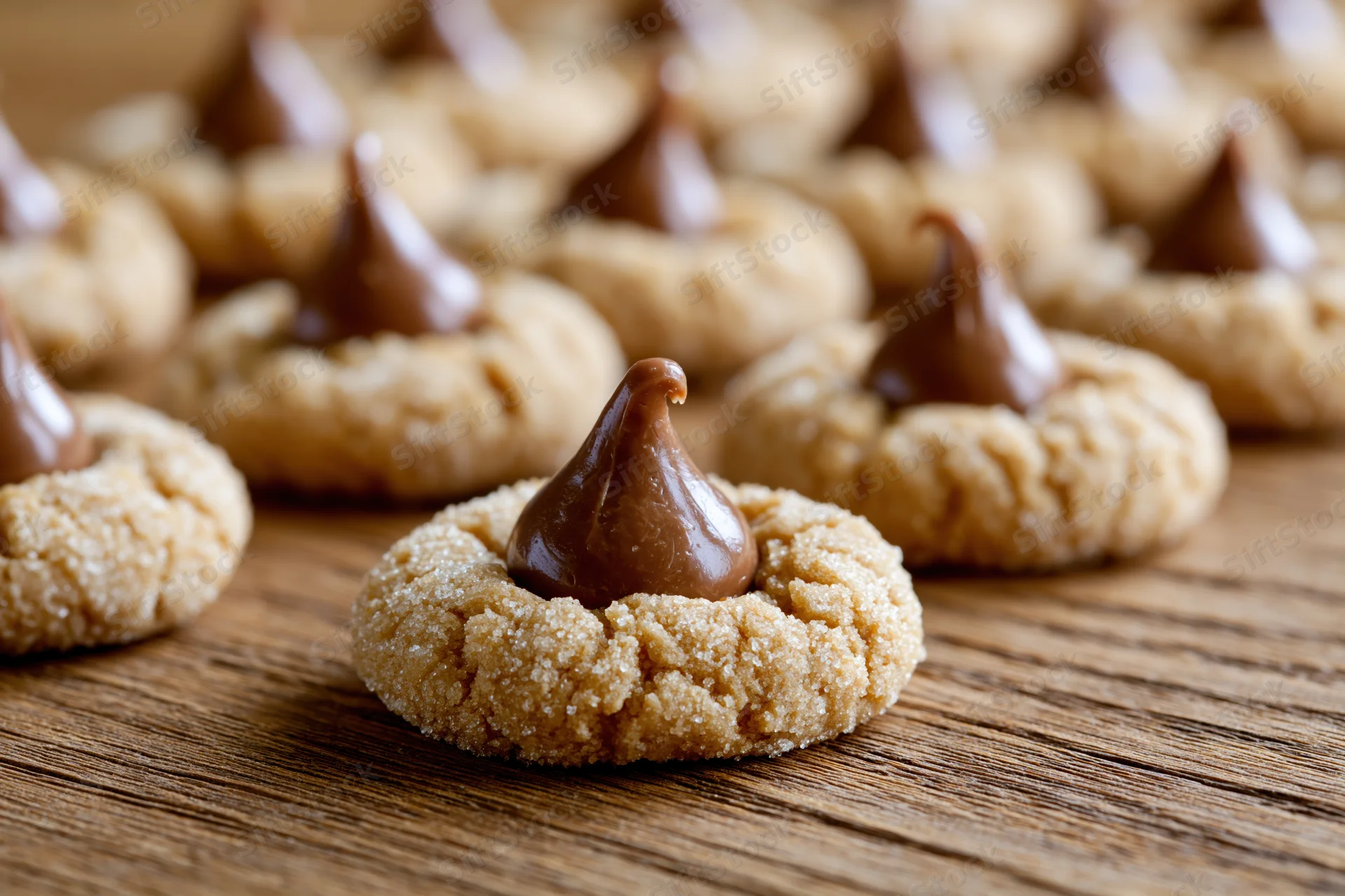 Peanut butter blossom cookies arranged on wooden surface with chocolate dollop in center