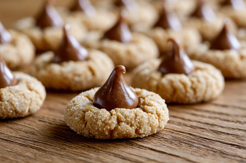 Peanut butter blossom cookies arranged on wooden surface with chocolate dollop in center