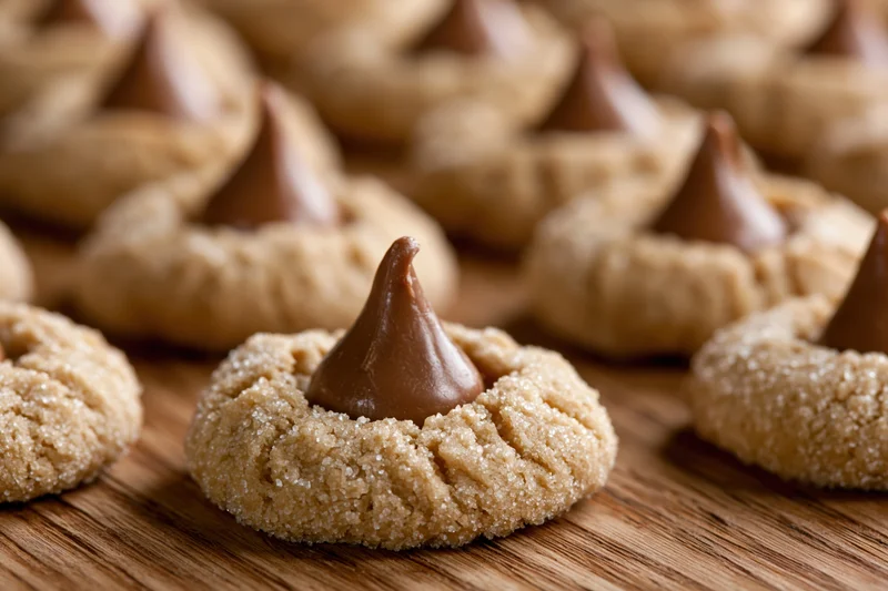Peanut butter blossom cookies arranged on a wooden surface
