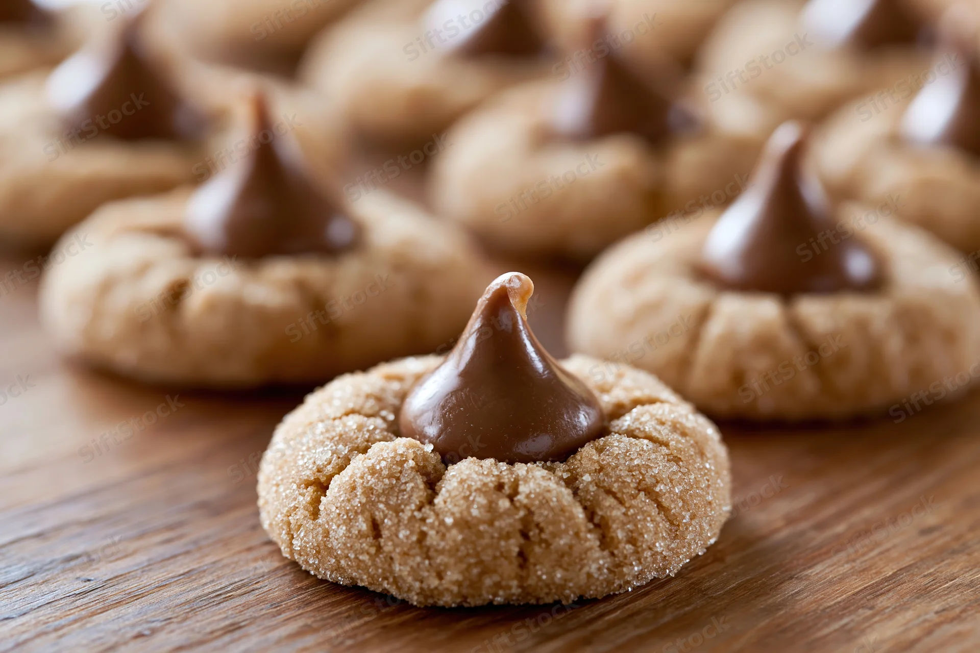 Peanut butter blossom cookies arranged on a wooden surface