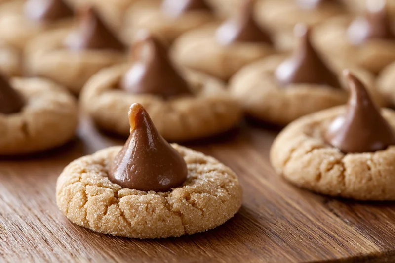 Peanut butter blossom cookies arranged on a wooden surface