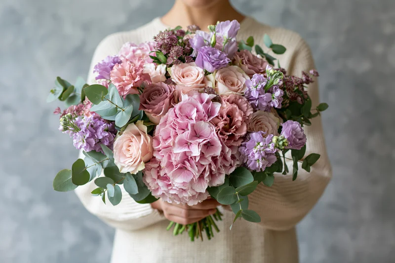 Woman holding a large lush bouquet of pink and purple flowers with greenery