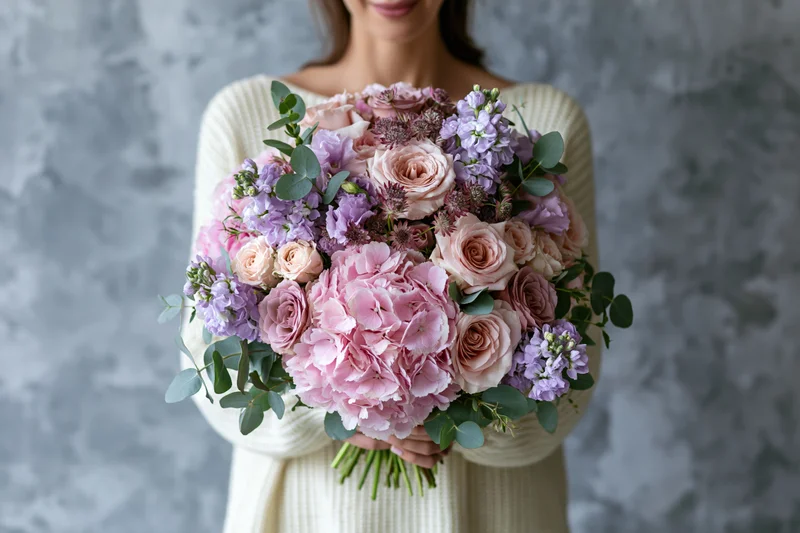 Woman holding a large lush bouquet of pink roses, hydrangea, lavender and eucalyptus against a textured gray background