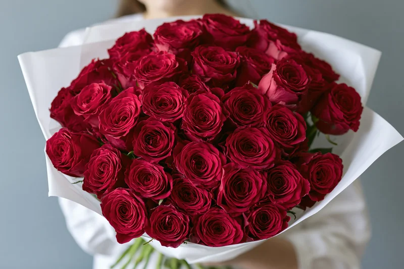 Woman holding a large bouquet of deep red roses wrapped in white paper