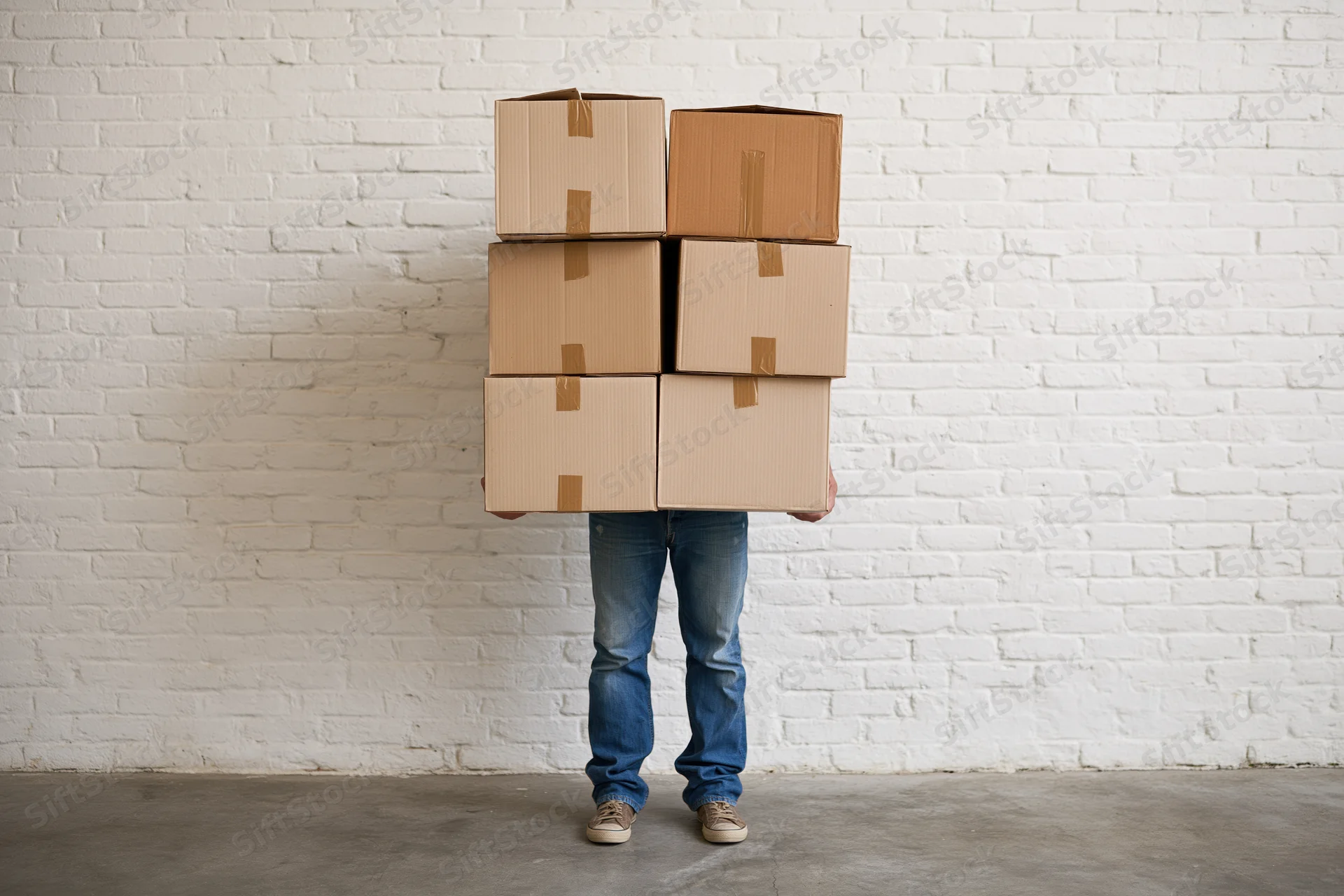 Person carrying six stacked cardboard boxes against white brick wall