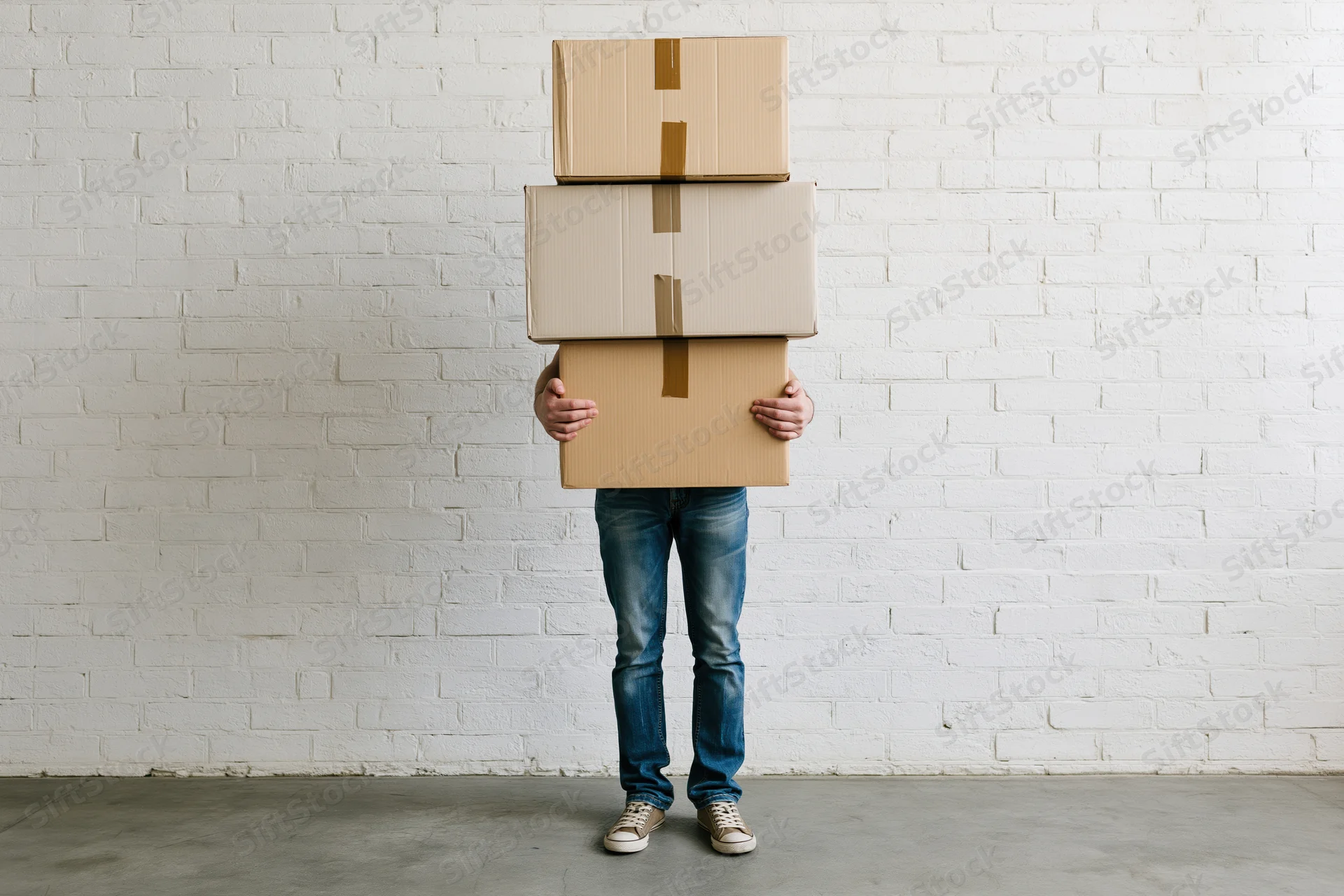 Man holding stack of cardboard boxes against white brick wall