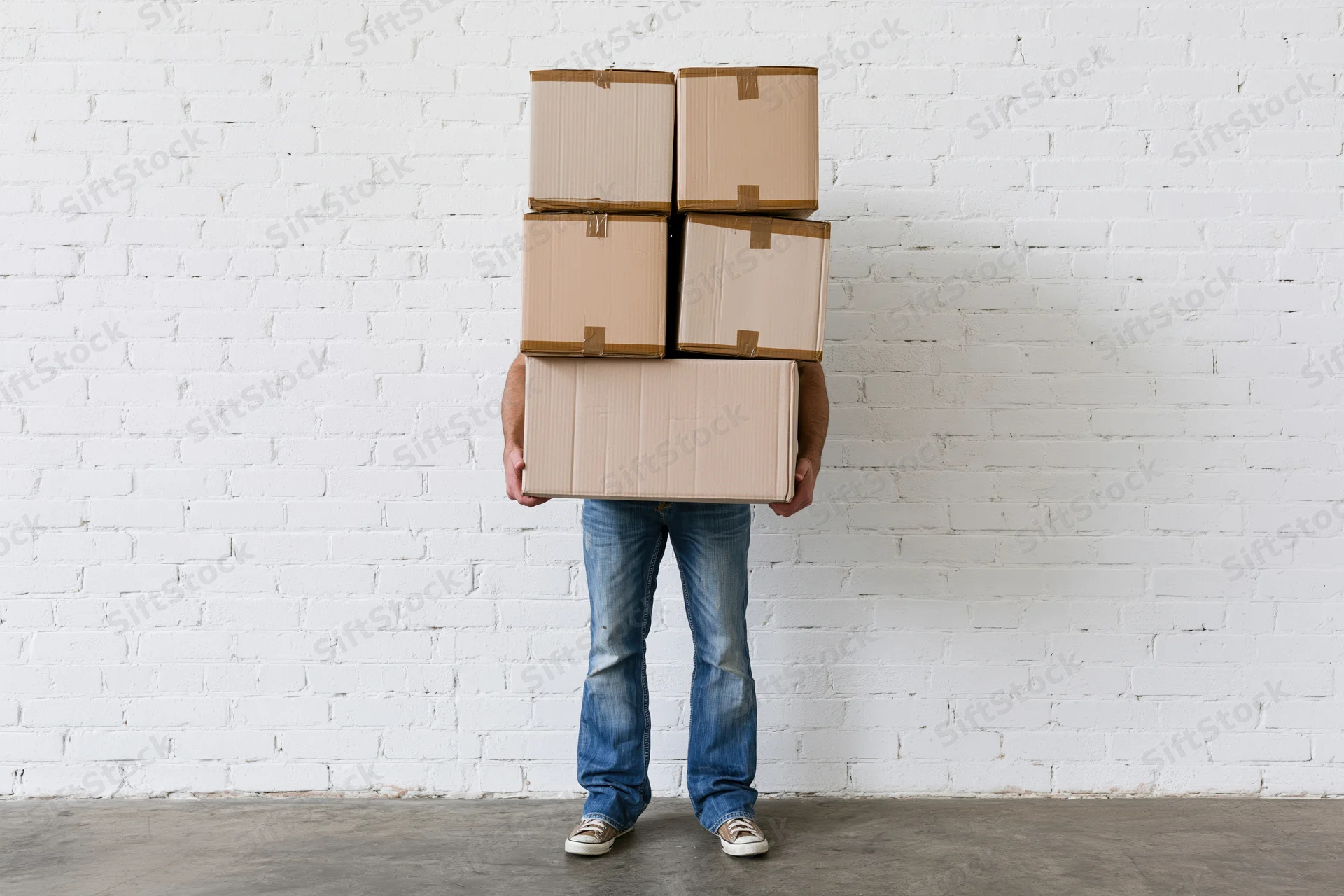 Man carrying stack of cardboard boxes against white brick wall