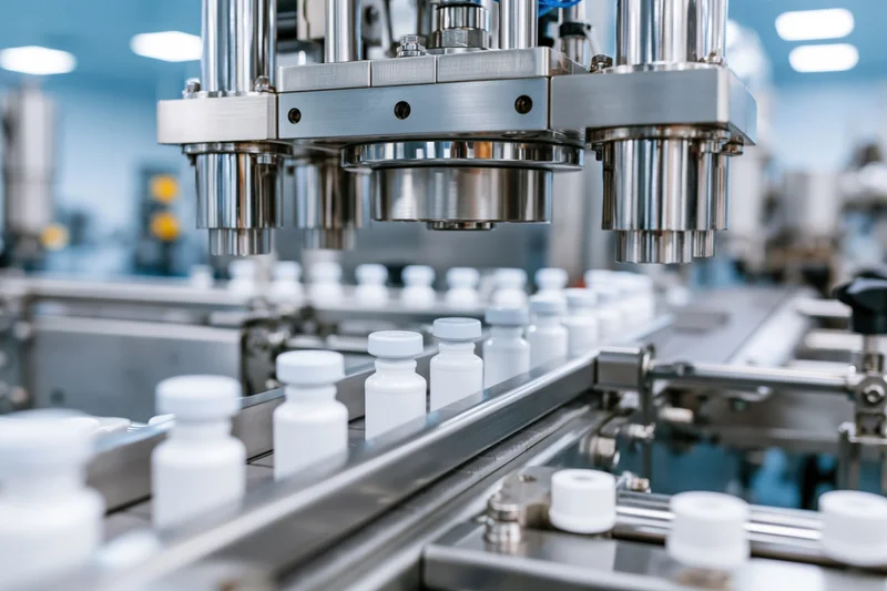 Automated bottling line processing small white plastic vials in a pharmaceutical factory