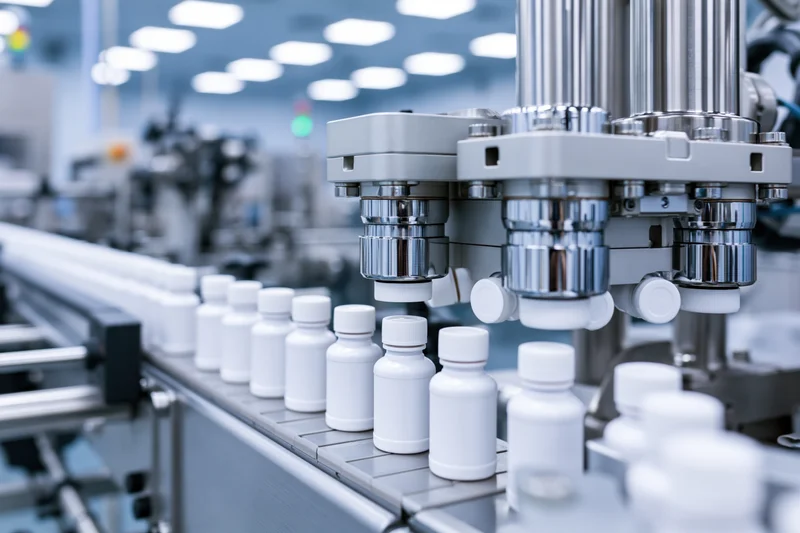 Automated bottling line filling small white plastic bottles in a pharmaceutical factory