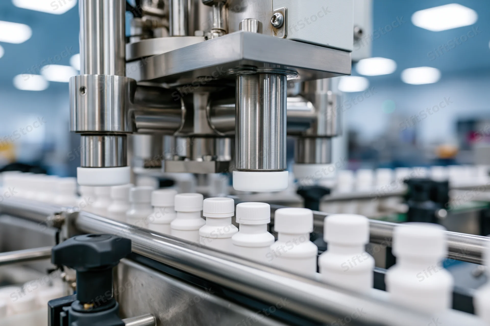Automated bottling line sealing white plastic bottles on conveyor in pharmaceutical factory