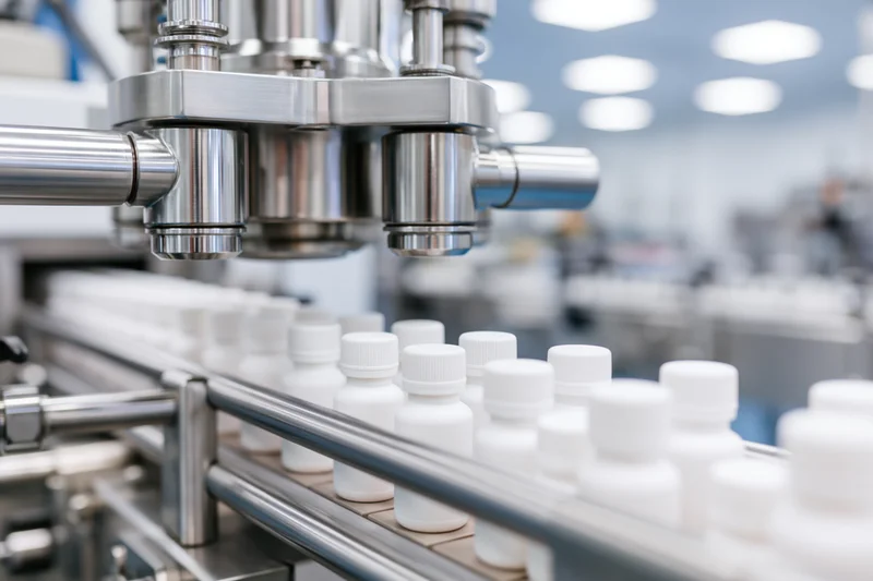 Automated bottling line filling small white plastic bottles in a pharmaceutical factory