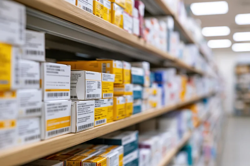 Rows of medicine boxes on pharmacy shelves in a drugstore aisle