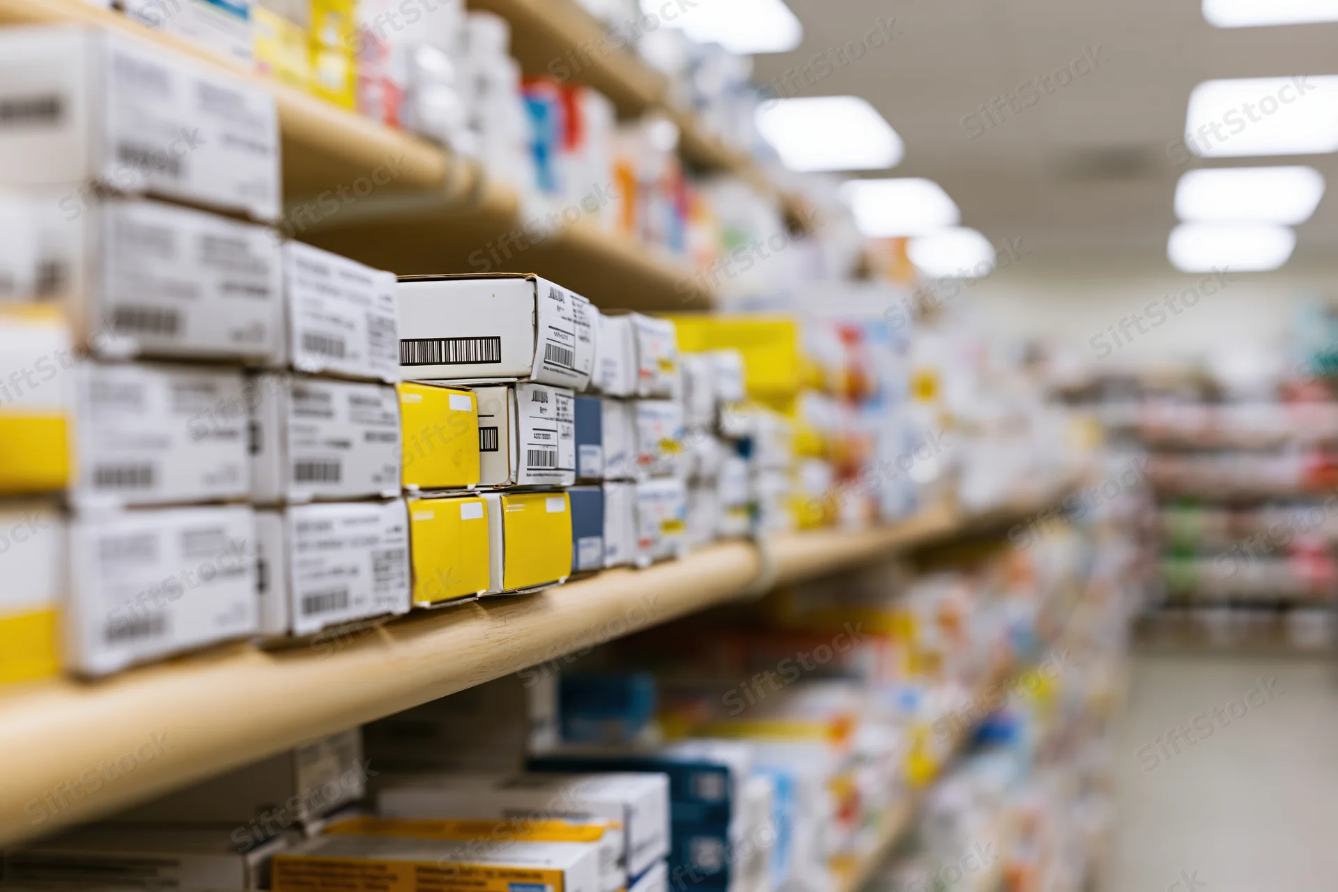 Rows of medicine boxes on pharmacy shelves in a drugstore aisle