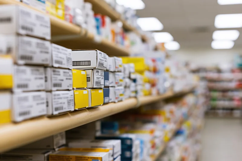 Rows of medicine boxes on pharmacy shelves in a drugstore aisle