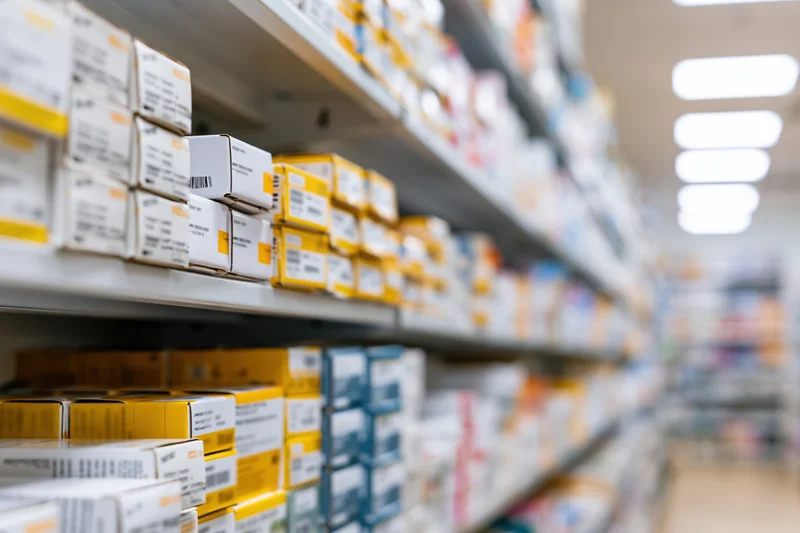 Rows of medicine boxes on pharmacy shelves in a drugstore aisle