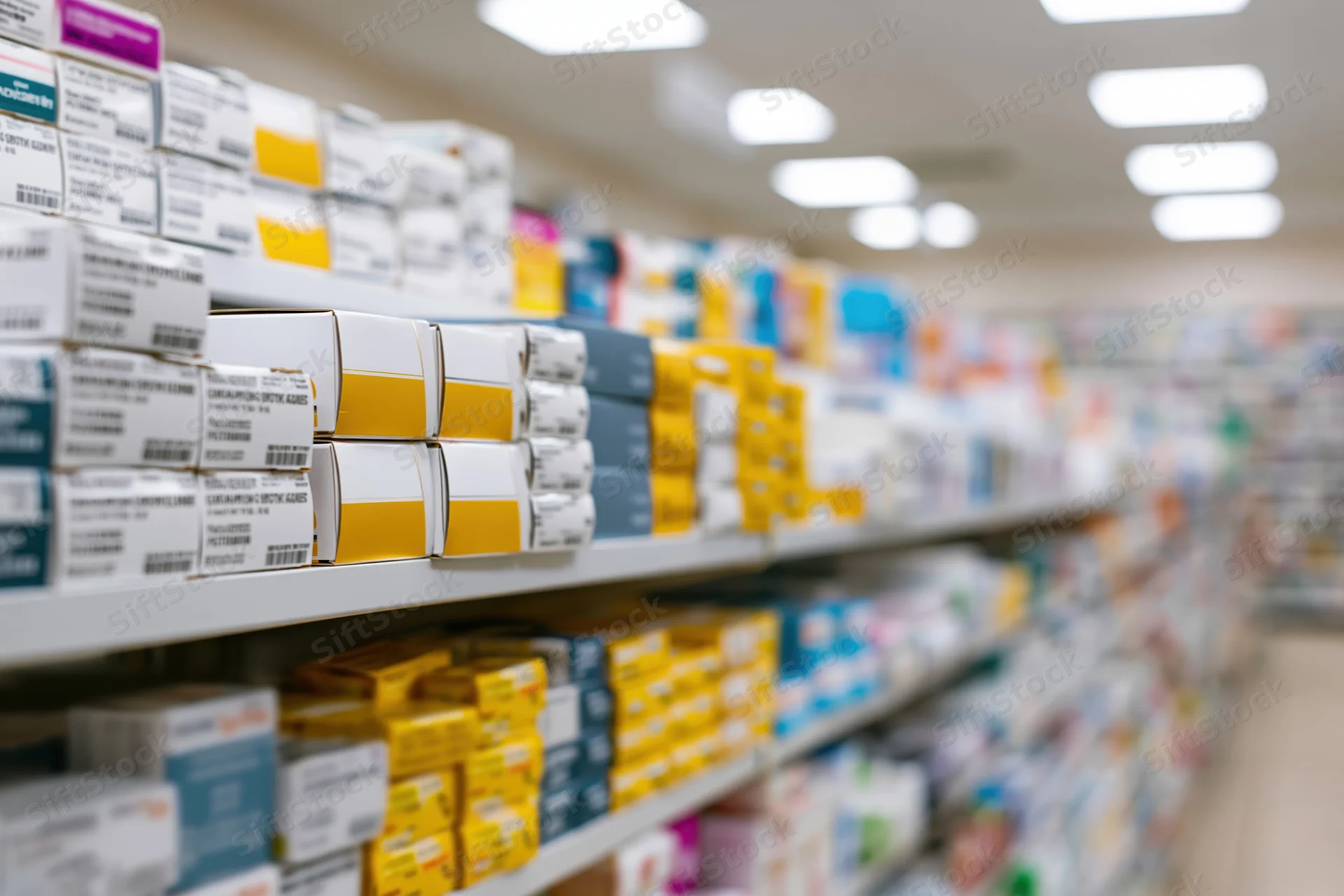 Rows of medicine boxes on pharmacy shelves in a drugstore aisle