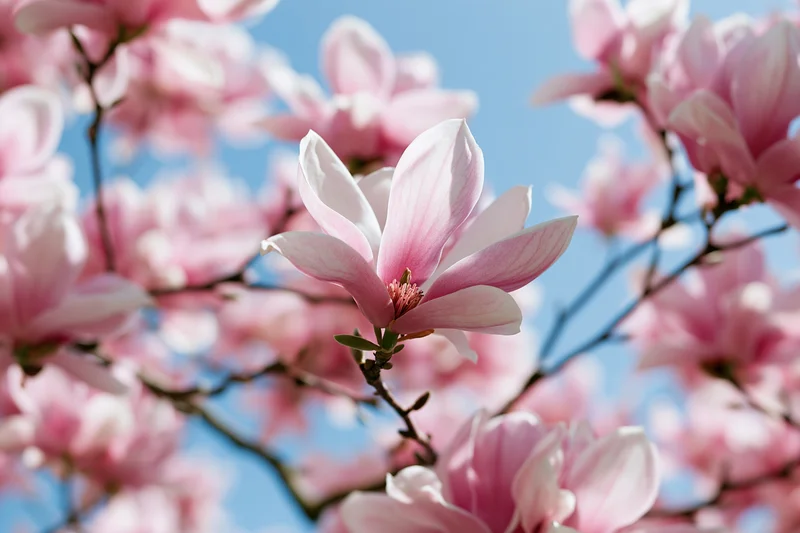 Pink magnolia blossoms blooming on tree branches against blue sky
