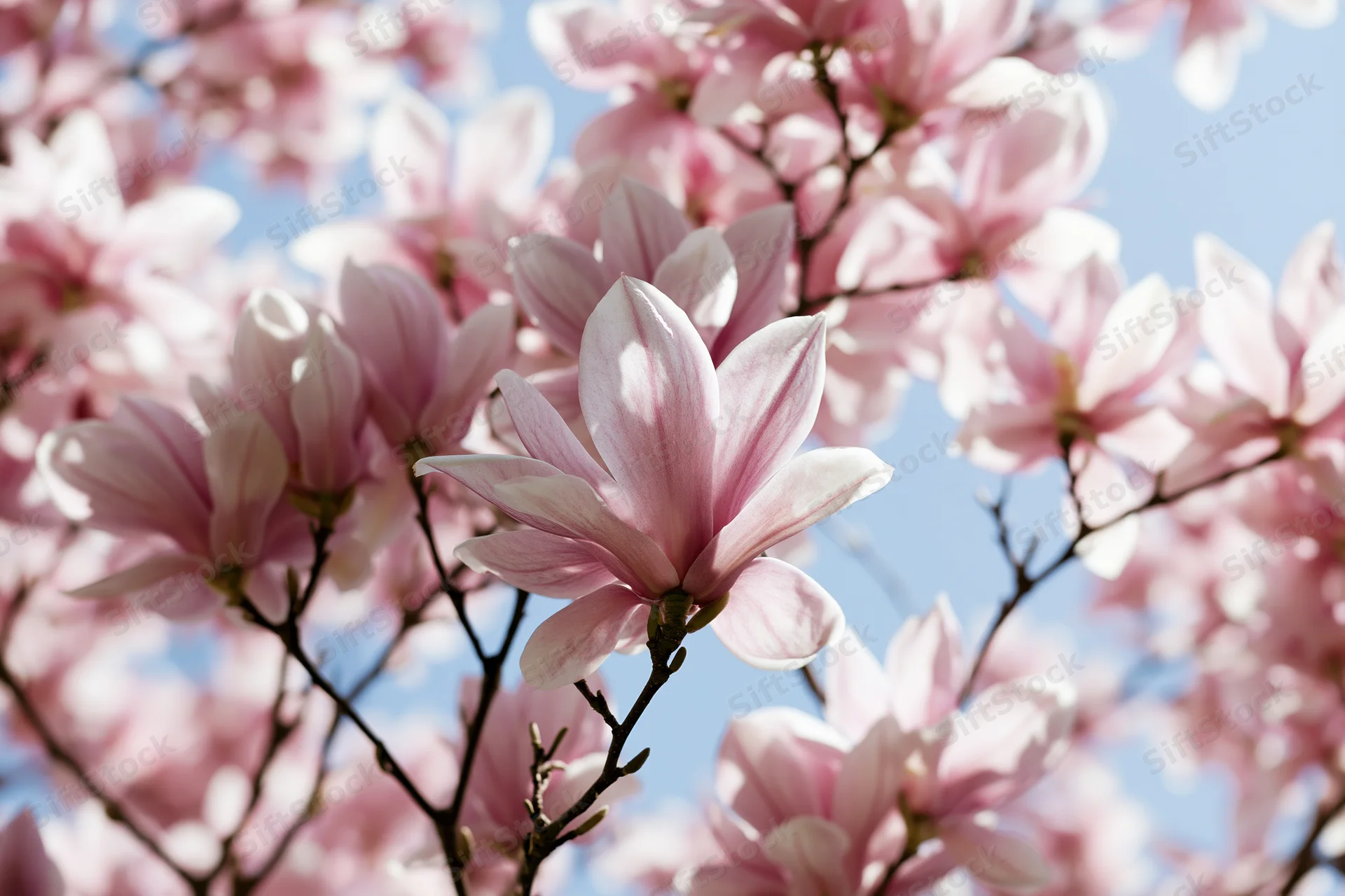 Pink magnolia blossoms blooming on tree branches against blue sky