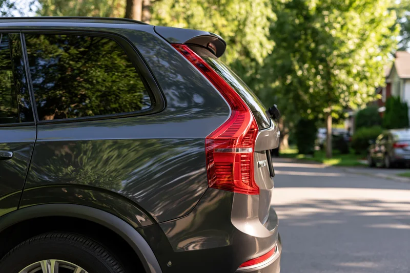 Dark charcoal suv parked on suburban driveway with trees in background