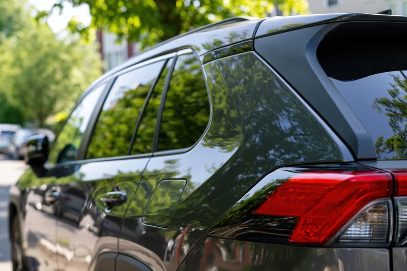 Dark charcoal suv parked on street with trees reflecting on glossy exterior