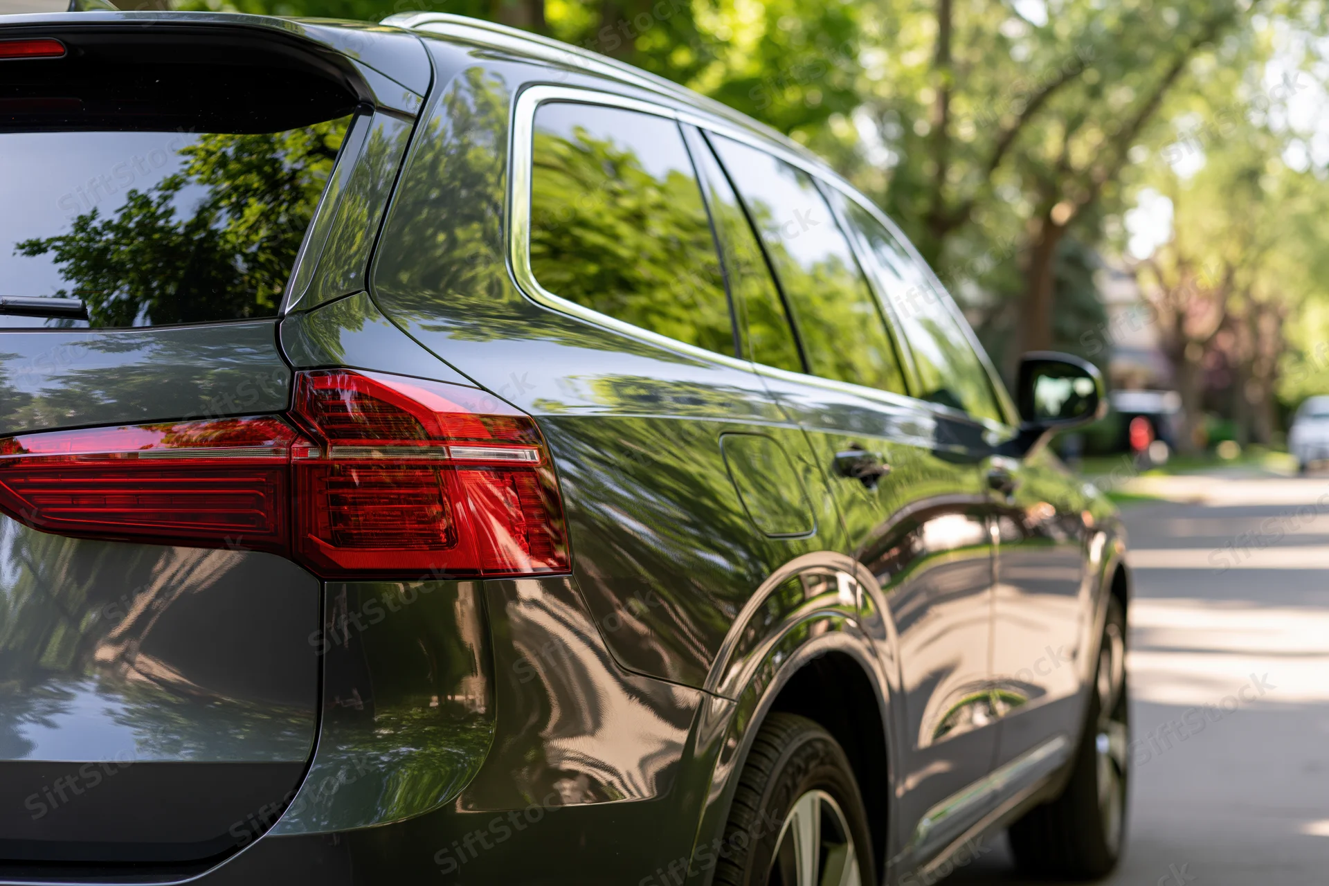 Dark charcoal suv parked on suburban street with trees reflecting on its exterior