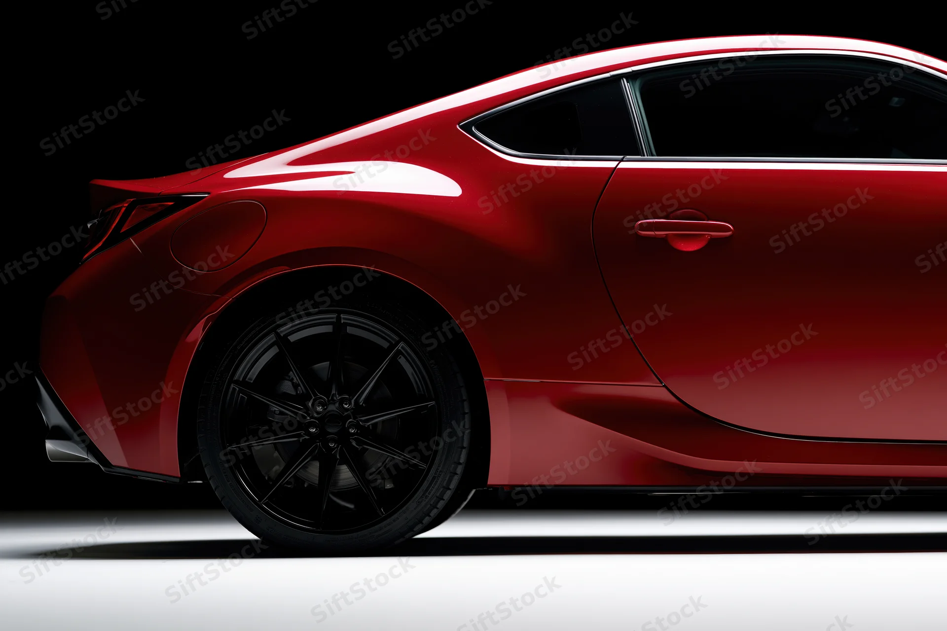 Red sports car shown in rear three-quarter profile against black background with white floor