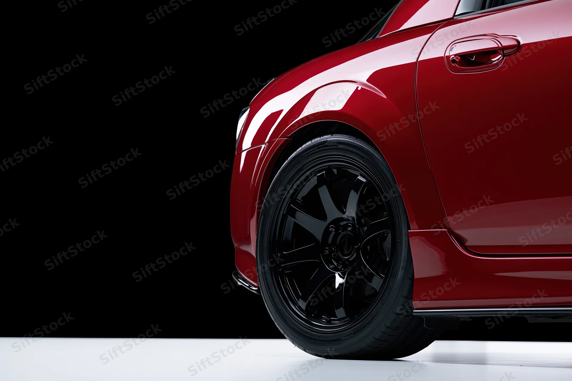 Red sports car side profile showing wheel and body detail against black background with white floor and copyspace