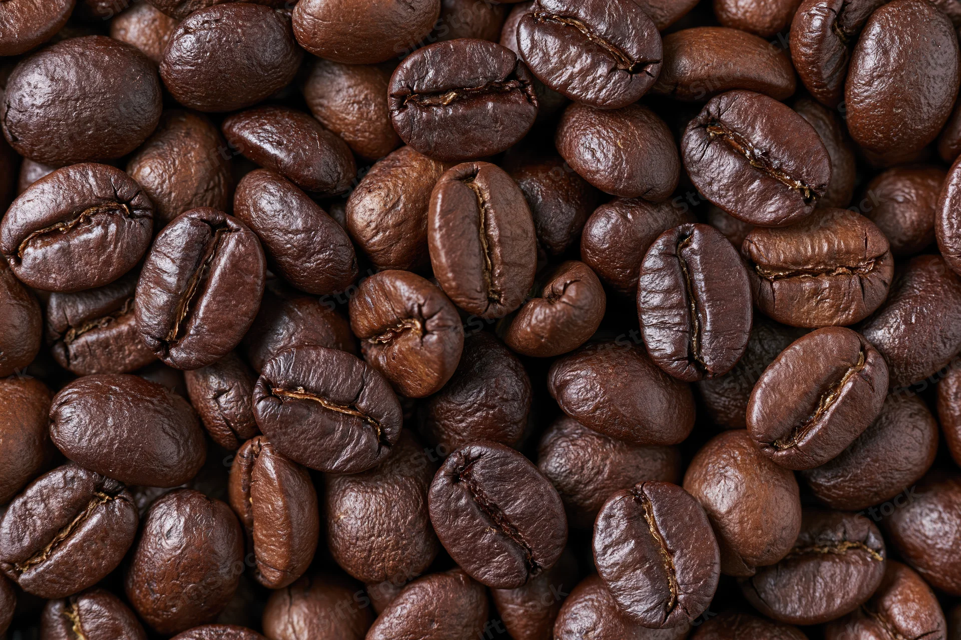 Roasted coffee beans filling the frame edge to edge in a closeup texture view