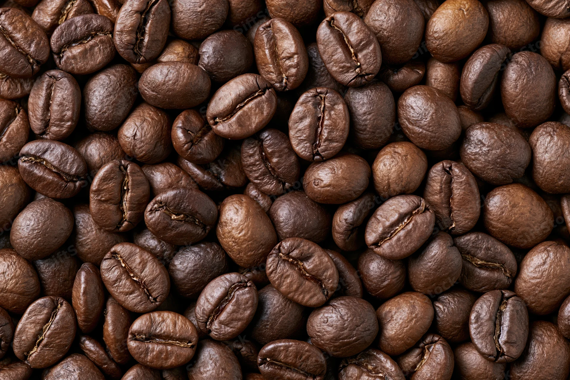 Roasted coffee beans filling the frame in a closeup texture view