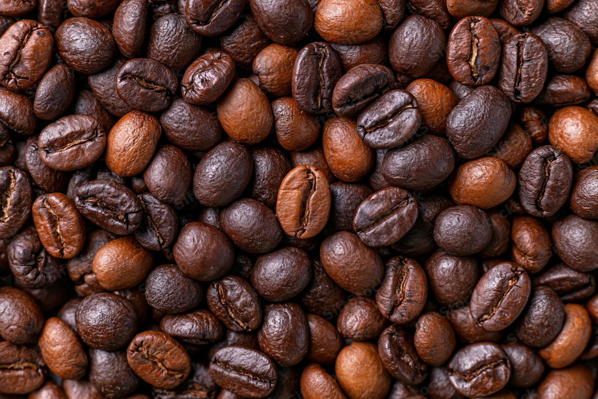 Roasted coffee beans filling the frame in an overhead flat lay view