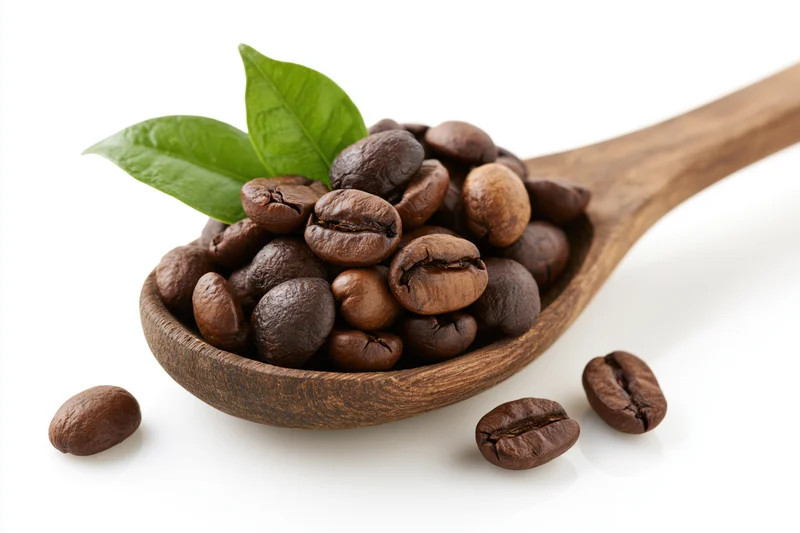 Roasted coffee beans in a wooden spoon with a green leaf on white background