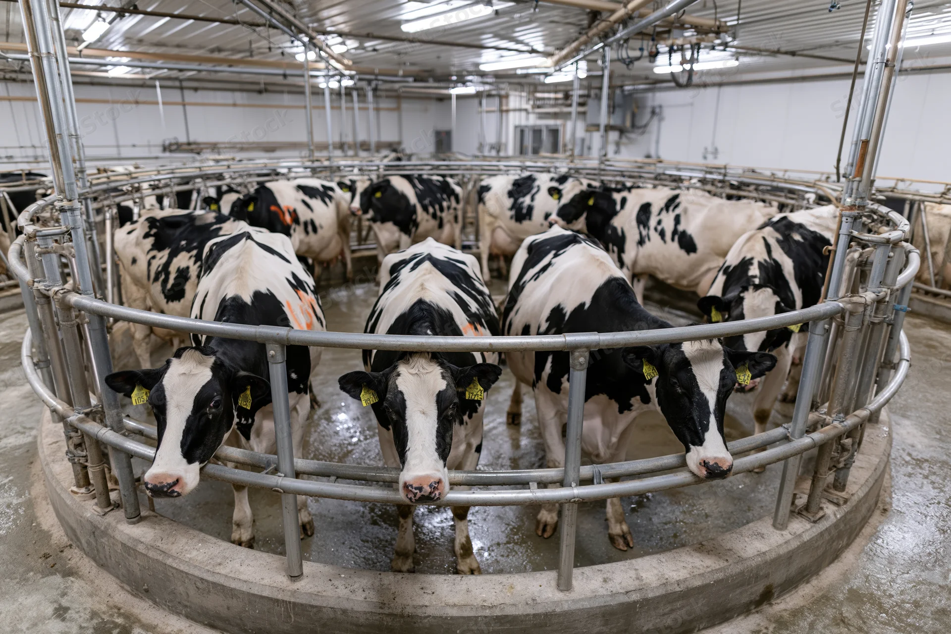 Holstein dairy cows standing in a rotary milking carousel inside a modern farm facility