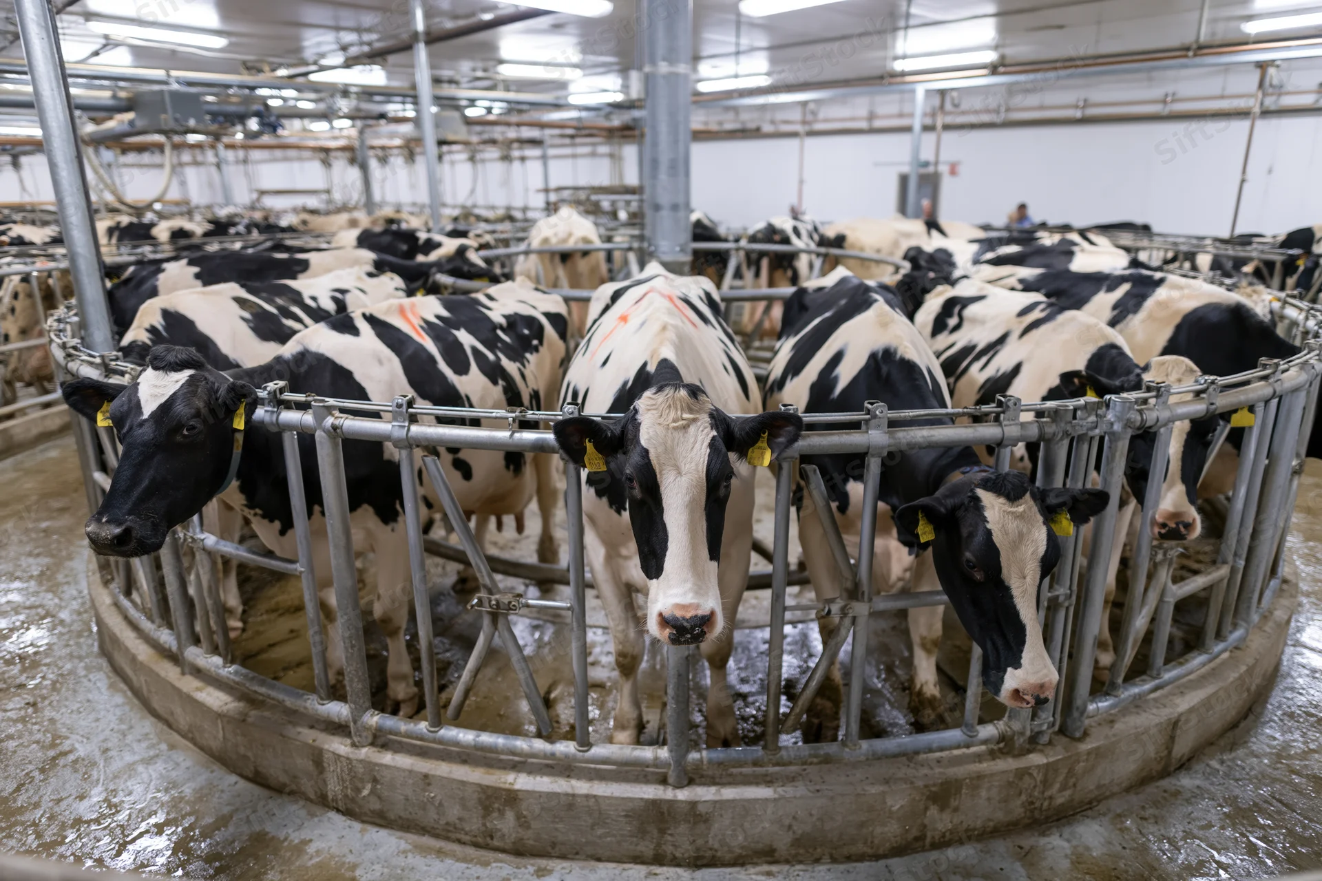 Holstein dairy cows standing in a rotary milking carousel inside a farm barn