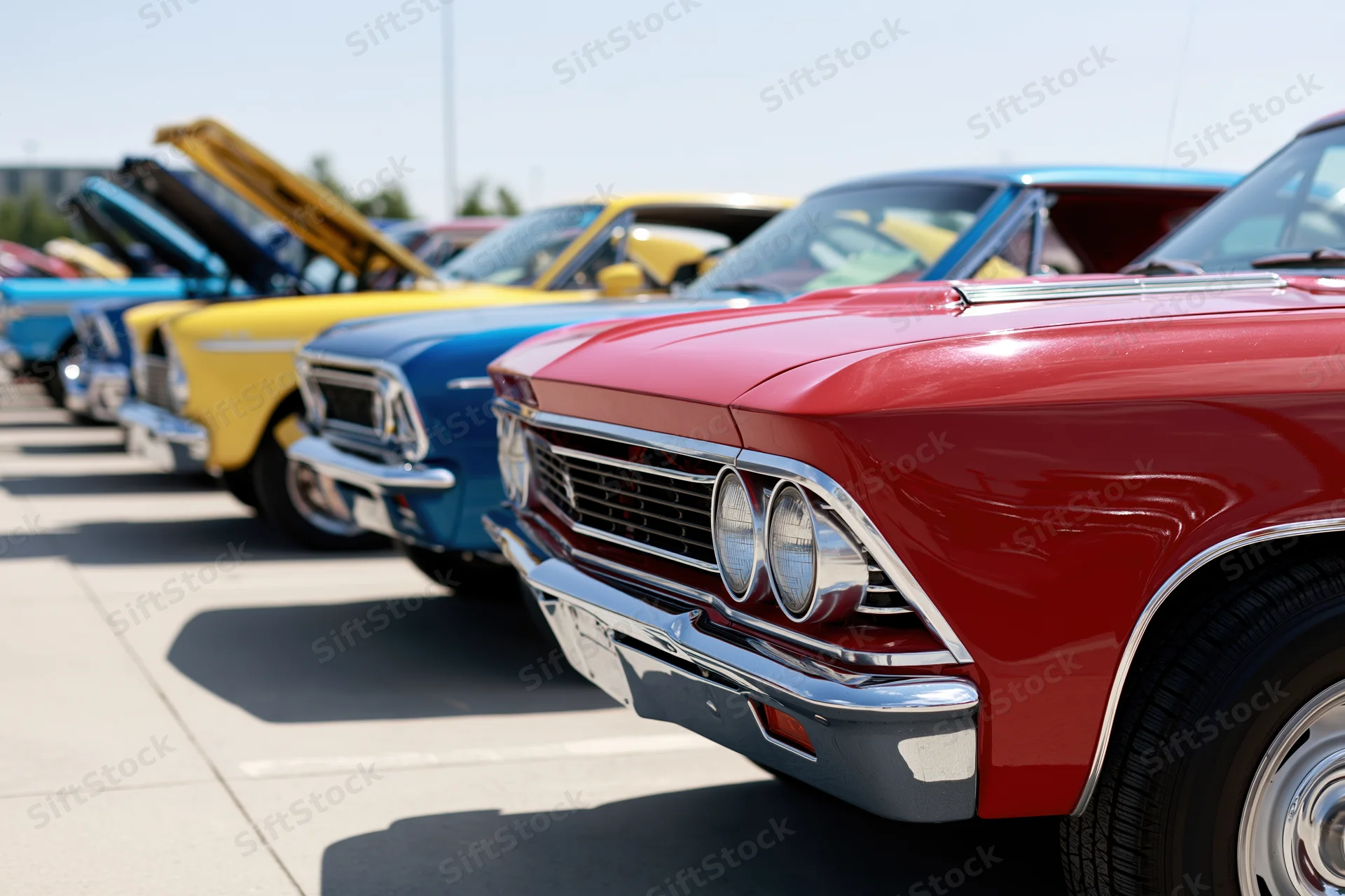 Row of classic american muscle cars parked hood-open in outdoor show