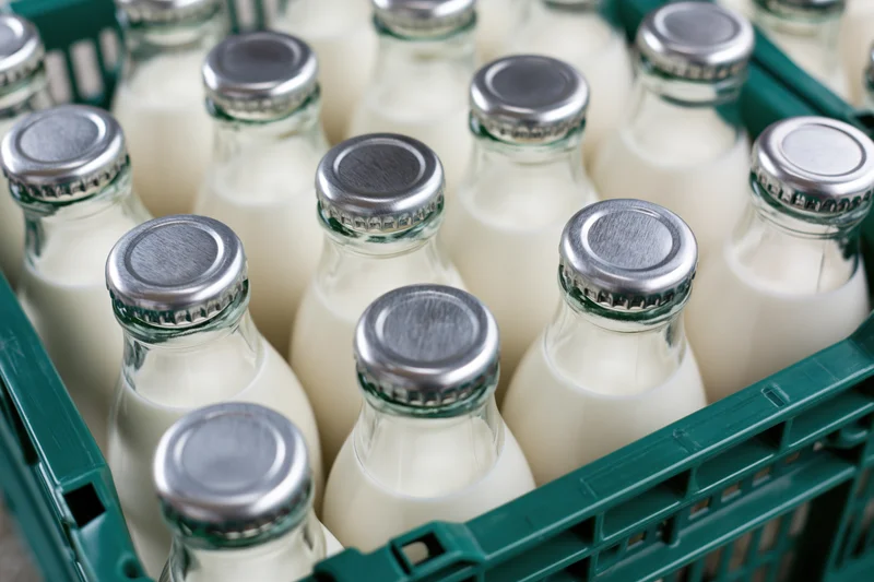 Glass milk bottles with silver foil caps packed tightly in a green plastic crate