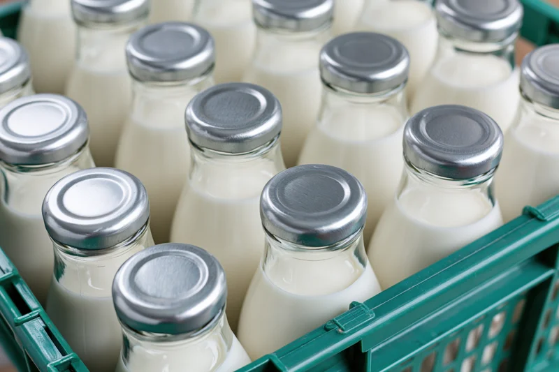 Glass milk bottles with silver foil caps packed tightly in a green plastic crate