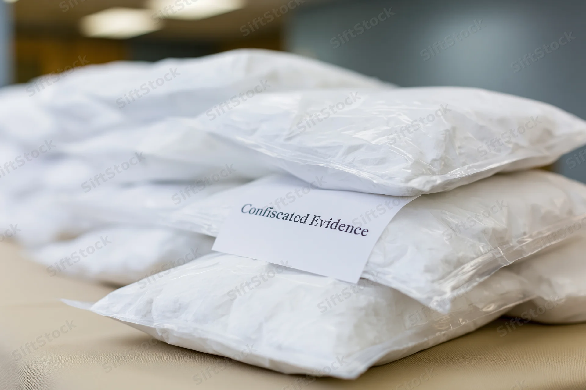 Sealed plastic evidence bags filled with white powder labeled confiscated evidence on a table