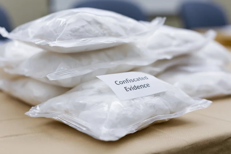 Sealed plastic evidence bags filled with white powder labeled confiscated evidence on a table