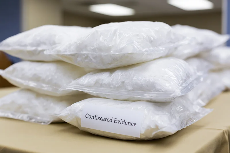 Stacks of sealed plastic bags containing white powder labeled confiscated evidence on a table