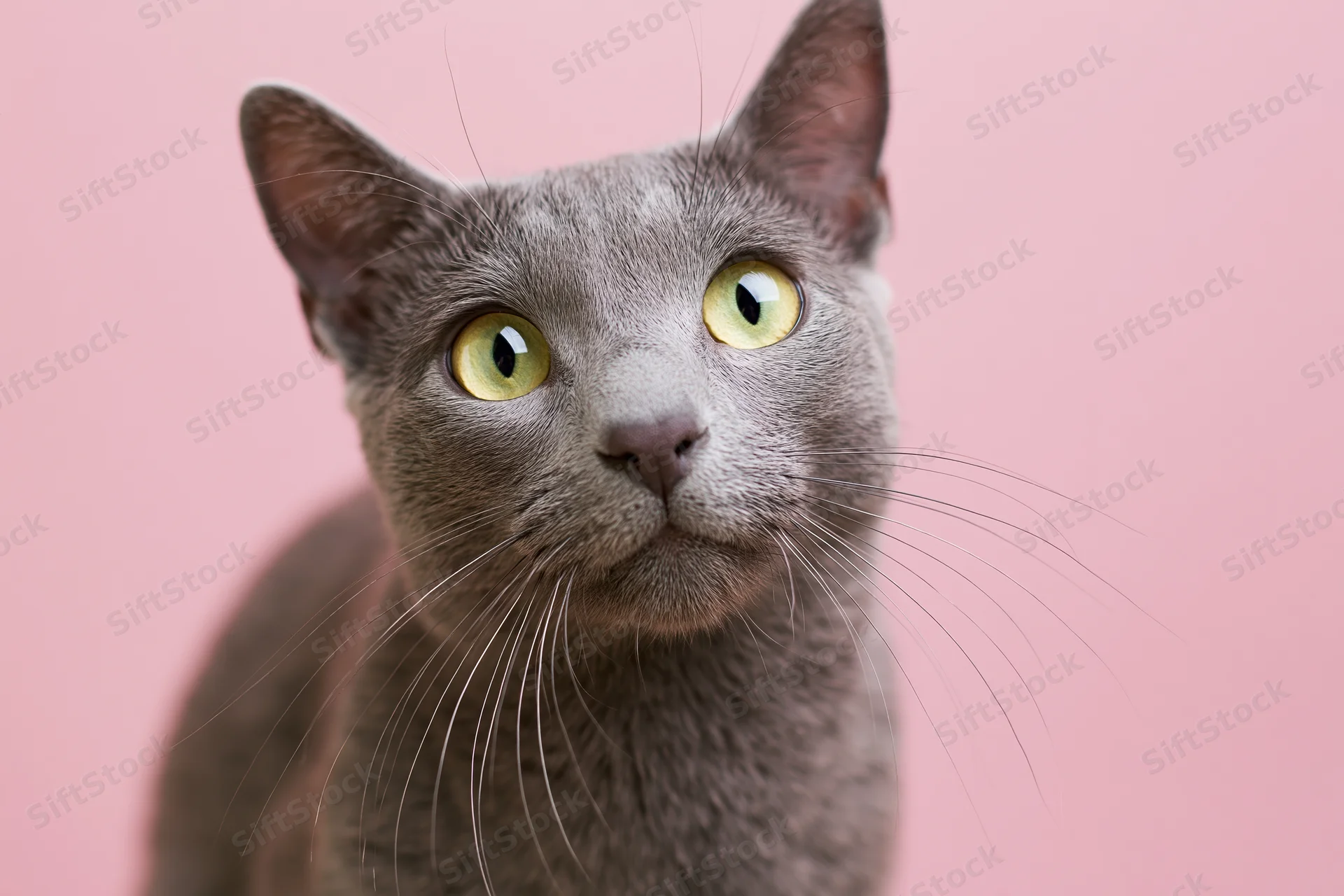 Russianblue cat looking directly up at camera against pink background