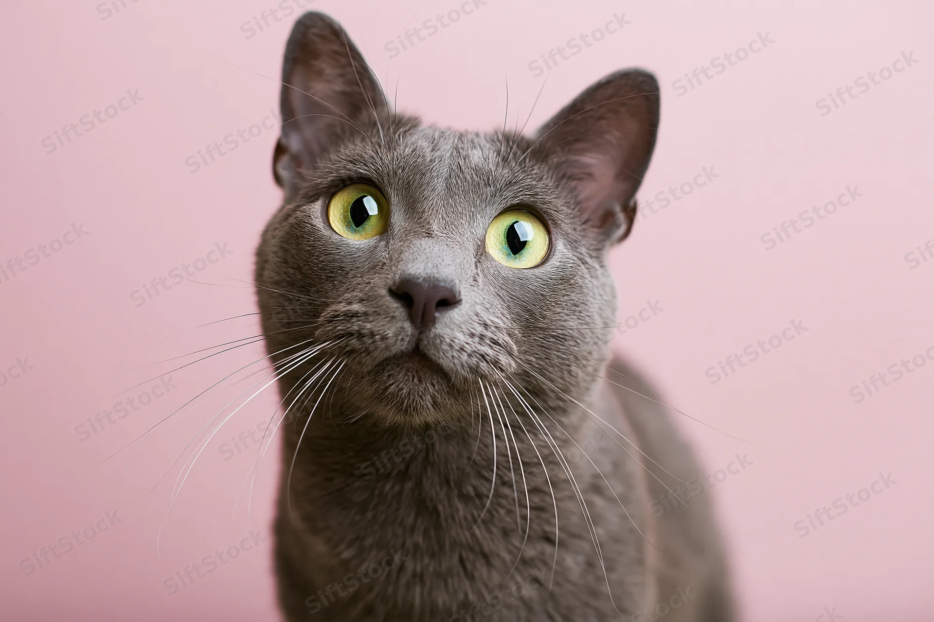 Russianblue cat looking up with wide green eyes against pink background