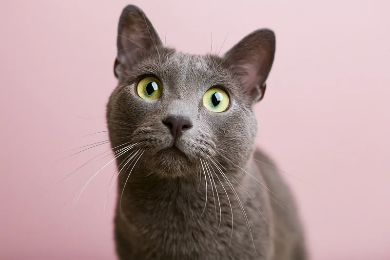 Russianblue cat looking up with wide green eyes against pink background