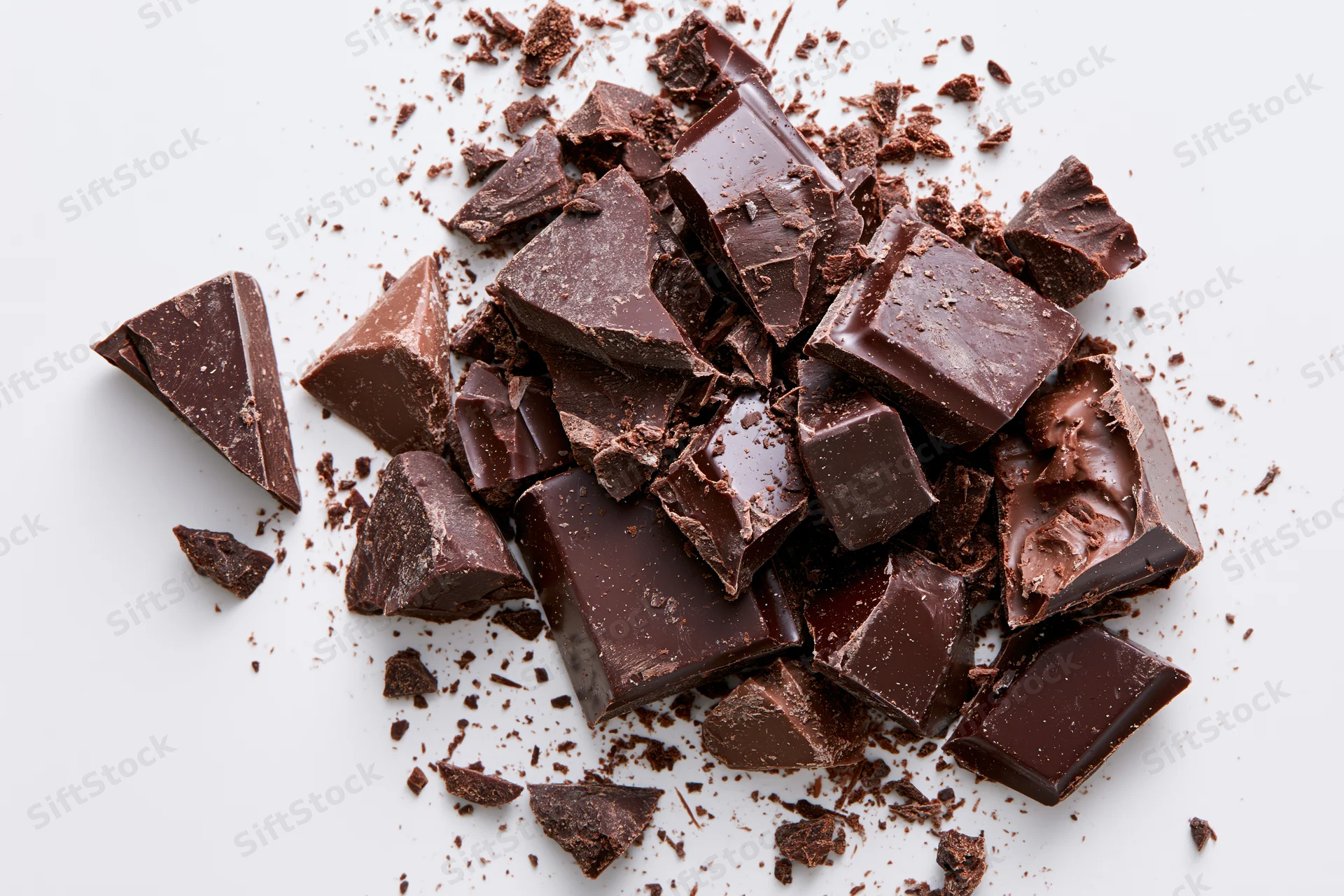 Broken dark chocolate pieces and crumbs scattered on white surface