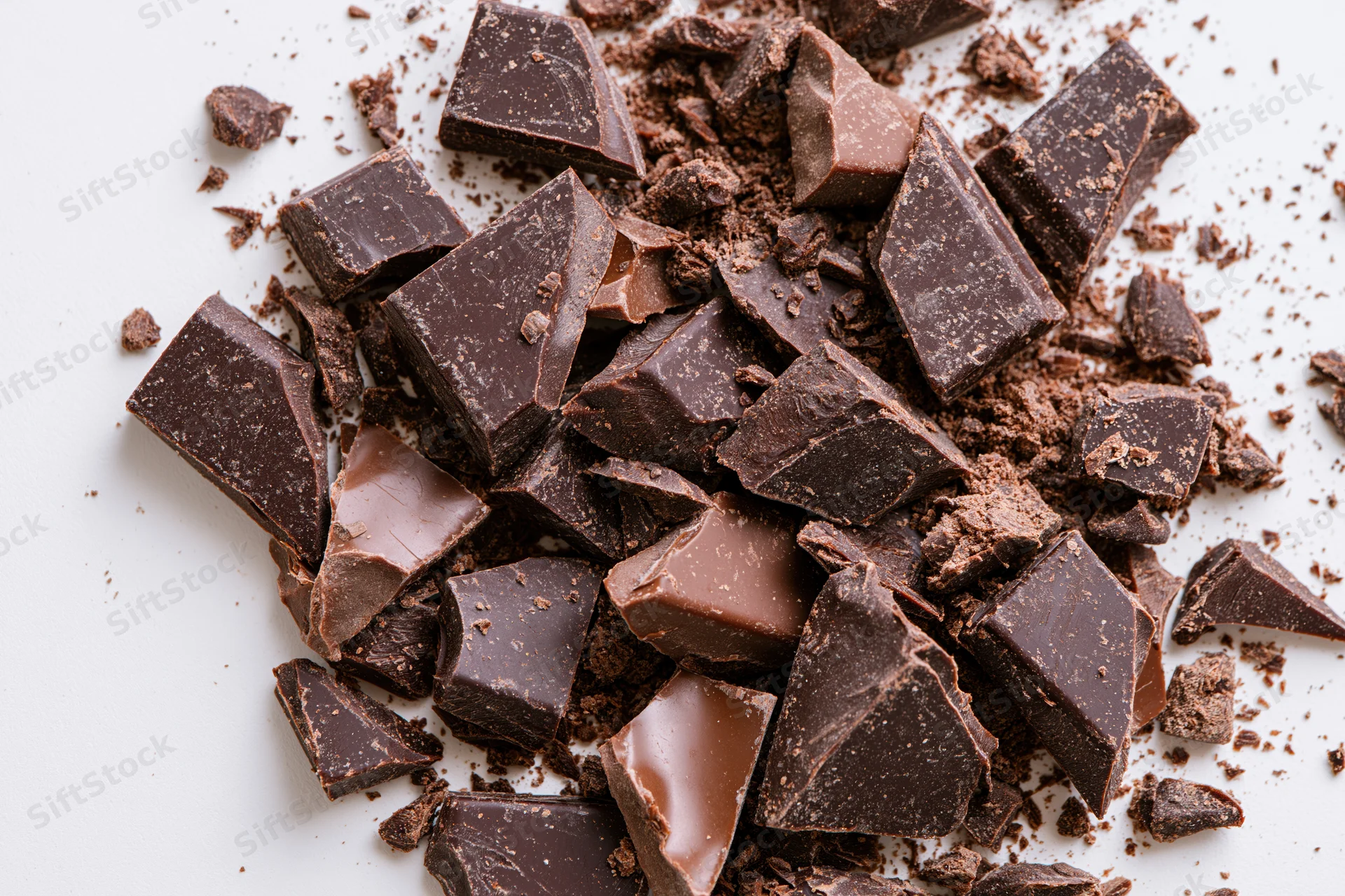 Broken dark chocolate pieces and crumbs scattered on white surface